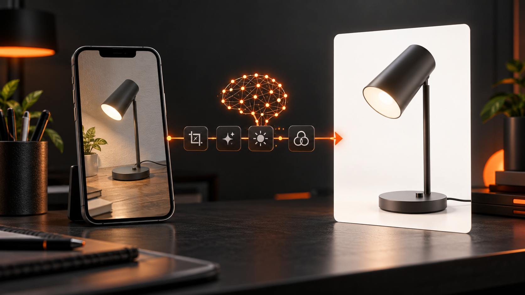 Foto comum de uma luminária sendo transformada por inteligência artificial em imagem de catálogo para e-commerce