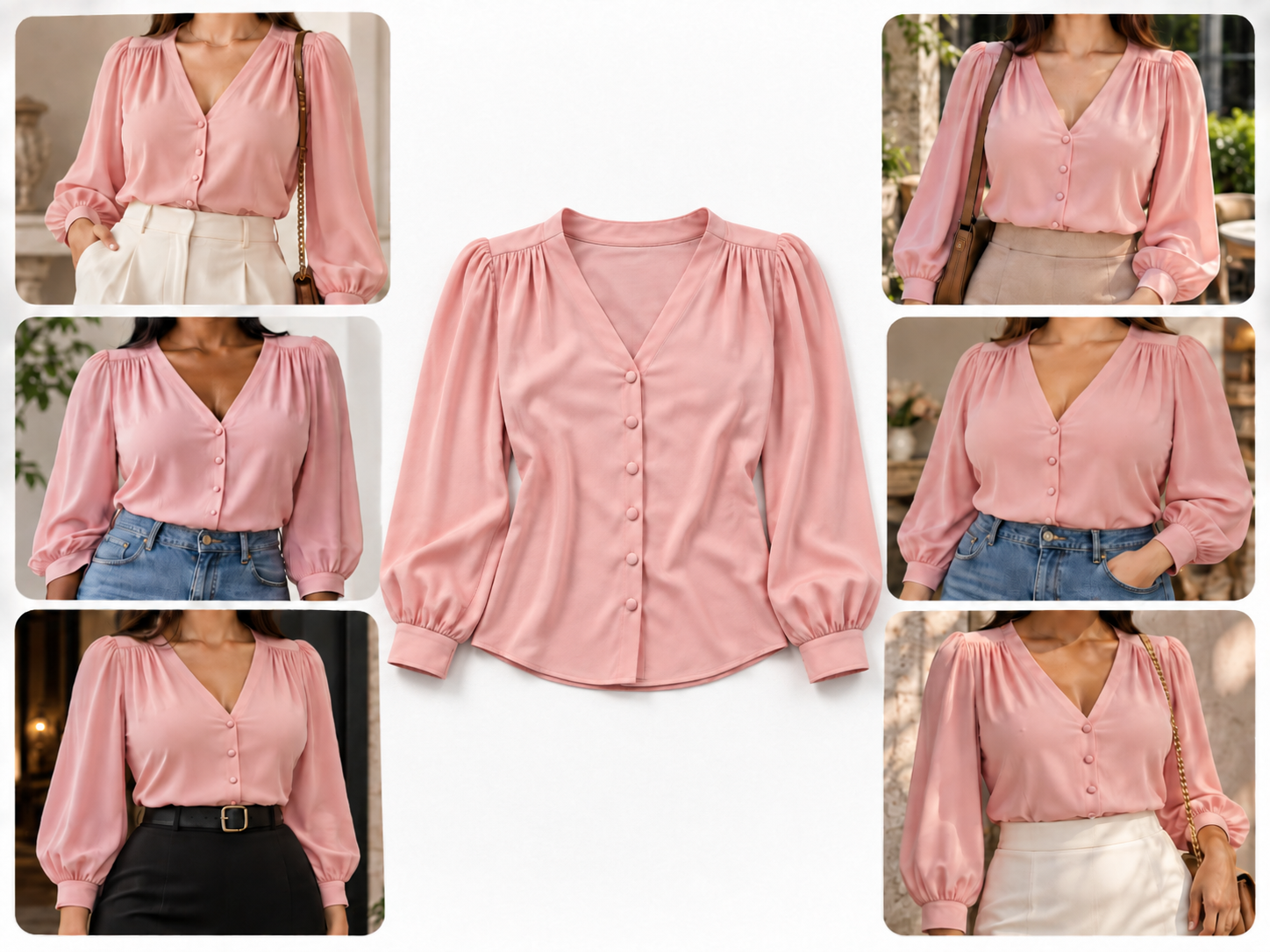 Grade de imagens de uma blusa rosa: foto de produto no centro e seis fotos lifestyle da mesma peça usada em looks e cenários diferentes