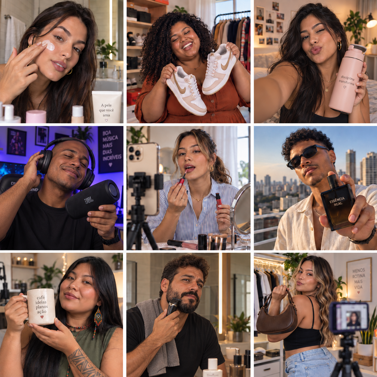 Grade com 9 fotos estilo selfie de pessoas diferentes usando produtos variados — skincare, tênis, garrafa, fone de ouvido, batom, perfume, caneca, aparador de barba e bolsa — em estilo autêntico de conteúdo gerado por criador