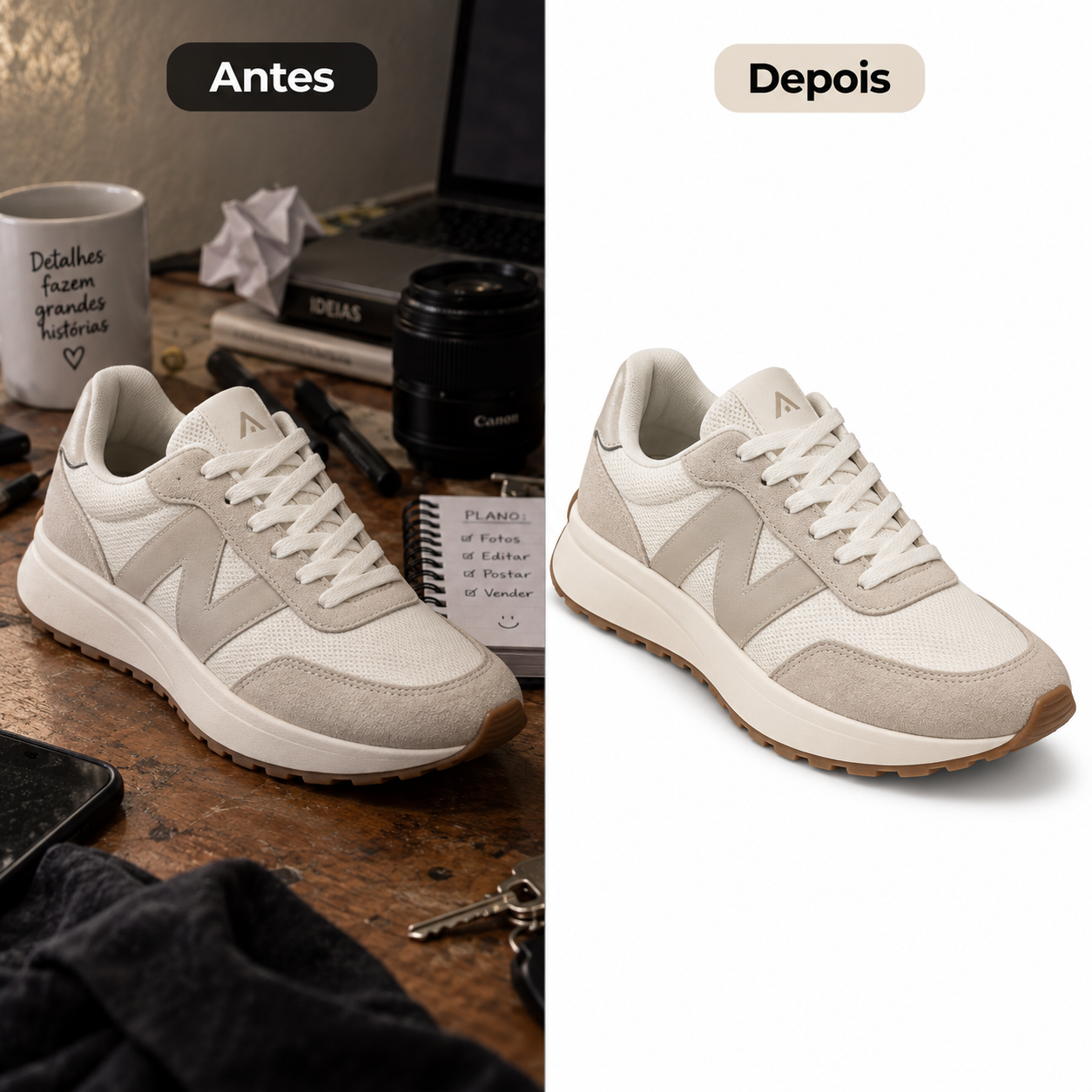 Comparação antes e depois de uma foto de tênis: à esquerda o produto fotografado sobre uma mesa de madeira com objetos ao redor, à direita o mesmo tênis com fundo removido, isolado em branco e pronto para catálogo